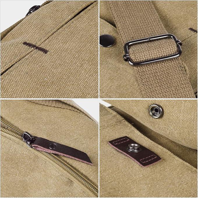 Zaino in tela beige con dettagli in metallo, cerniera robusta e chiusura a bottone. Design resistente, ideale per viaggi e uso quotidiano.