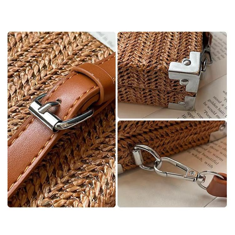 Borsa in paglia intrecciata con dettagli in pelle marrone e chiusure in metallo argentato, design elegante e naturale, accessorio moda estivo.