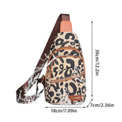 Zaino monospalla leopardato impermeabile, dimensioni 30x18x7 cm, con cerniere multiple e tracolla regolabile, ideale per viaggi e attività all'aperto.