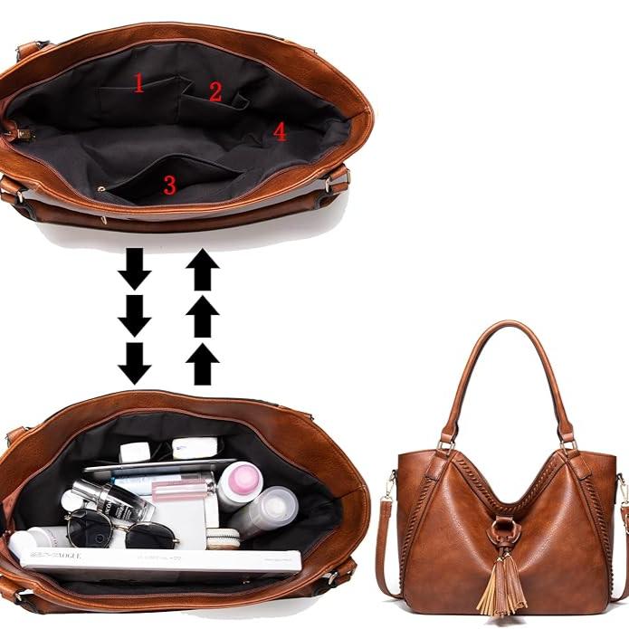 Borsa a tracolla in pelle marrone con scomparti interni numerati, accessori e cosmetici. Design elegante, ideale per moda donna e organizzazione.