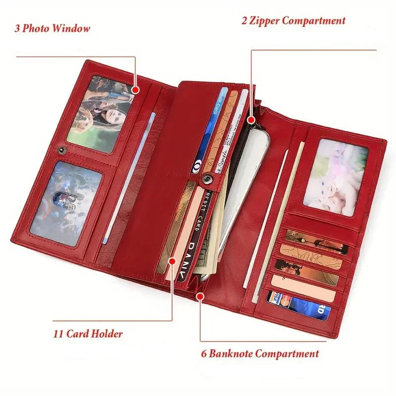 Portafoglio donna in pelle rossa con 11 portatessere, 2 scomparti con zip, 6 scomparti per banconote e 3 finestre per foto. Elegante e funzionale.