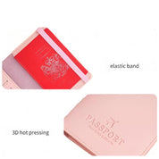 Custodia passaporto rosa con elastico, design a pressione 3D, ideale per protezione documenti di viaggio. Accessorio elegante e funzionale.