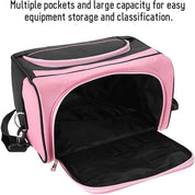 Borsa da trasporto rosa e nera con tasche multiple, grande capacità per attrezzature, ideale per organizzazione e trasporto efficiente.