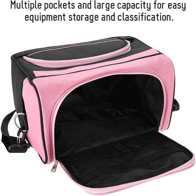 Borsa da trasporto rosa e nera con tasche multiple, grande capacità per attrezzature, ideale per organizzazione e trasporto efficiente.