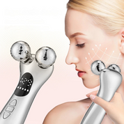 Dispositivo massaggio viso a rulli, argento, per lifting e tonificazione pelle. Strumento bellezza anti-età, cura viso, tecnologia microcorrente.