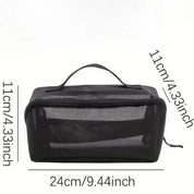 Borsa da viaggio trasparente nera, 24x11x11 cm, con manico e cerniera. Ideale per cosmetici, accessori, bagaglio a mano.