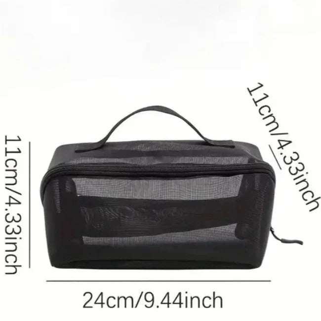 Borsa da viaggio trasparente nera, 24x11x11 cm, con manico e cerniera. Ideale per cosmetici, accessori, bagaglio a mano.