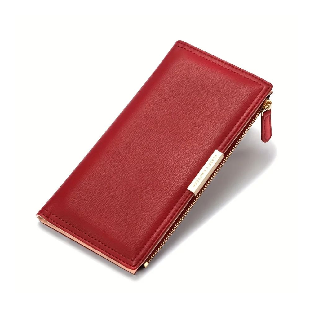 Portafoglio donna in pelle rossa, design elegante, chiusura con zip dorata, ideale per moda e accessori, alta qualità, stile contemporaneo.