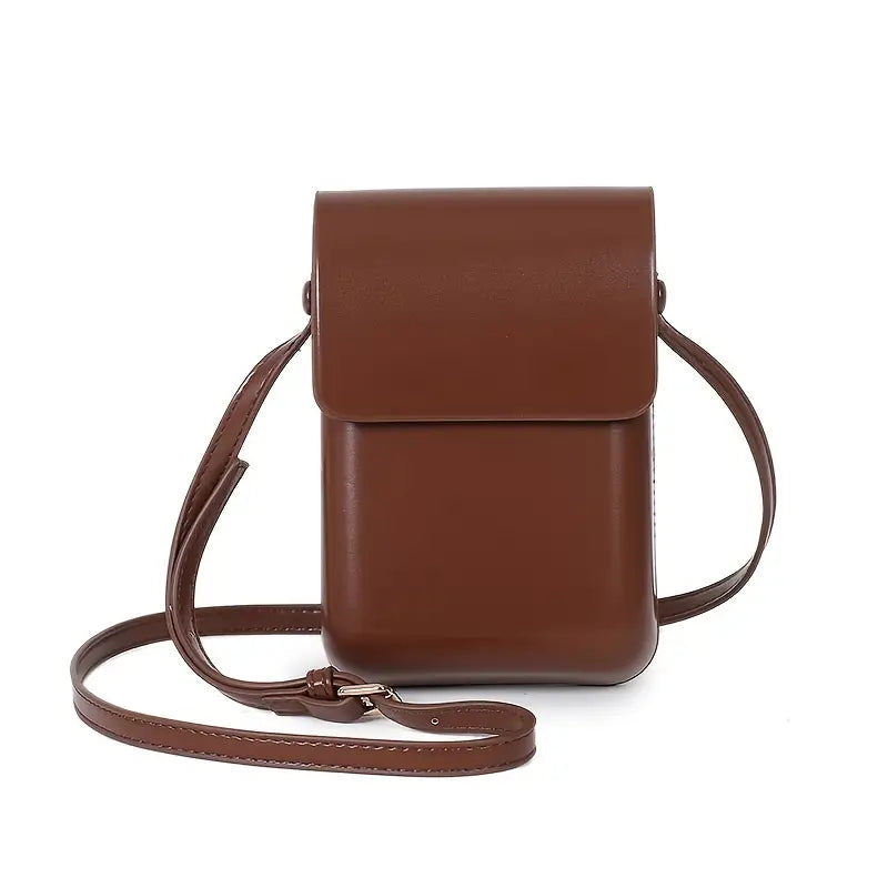 Borsa a tracolla in pelle marrone, design minimalista, chiusura a patta, ideale per moda donna, accessorio elegante e versatile.