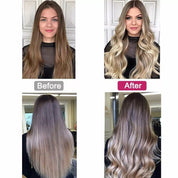 Prima e dopo trattamento capelli: trasformazione da capelli castani lisci a biondi ondulati. Risultato salone parrucchiere, effetto balayage.