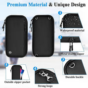 Custodia nera impermeabile per smartphone con cerniera doppia in metallo, tasca esterna, anelli robusti e fibbia durevole. Design premium e unico.