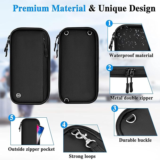 Custodia nera impermeabile per smartphone con cerniera doppia in metallo, tasca esterna, anelli robusti e fibbia durevole. Design premium e unico.