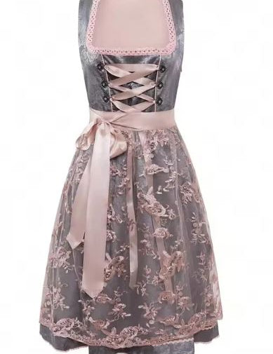 Abito Dirndl autunnale con grembiule in pizzo e allacciatura sul corpetto per donna