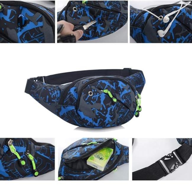 Marsupio sportivo blu e nero con stampa camouflage, tasche multiple con cerniere verdi, foro per auricolari, cintura regolabile. Accessorio outdoor.