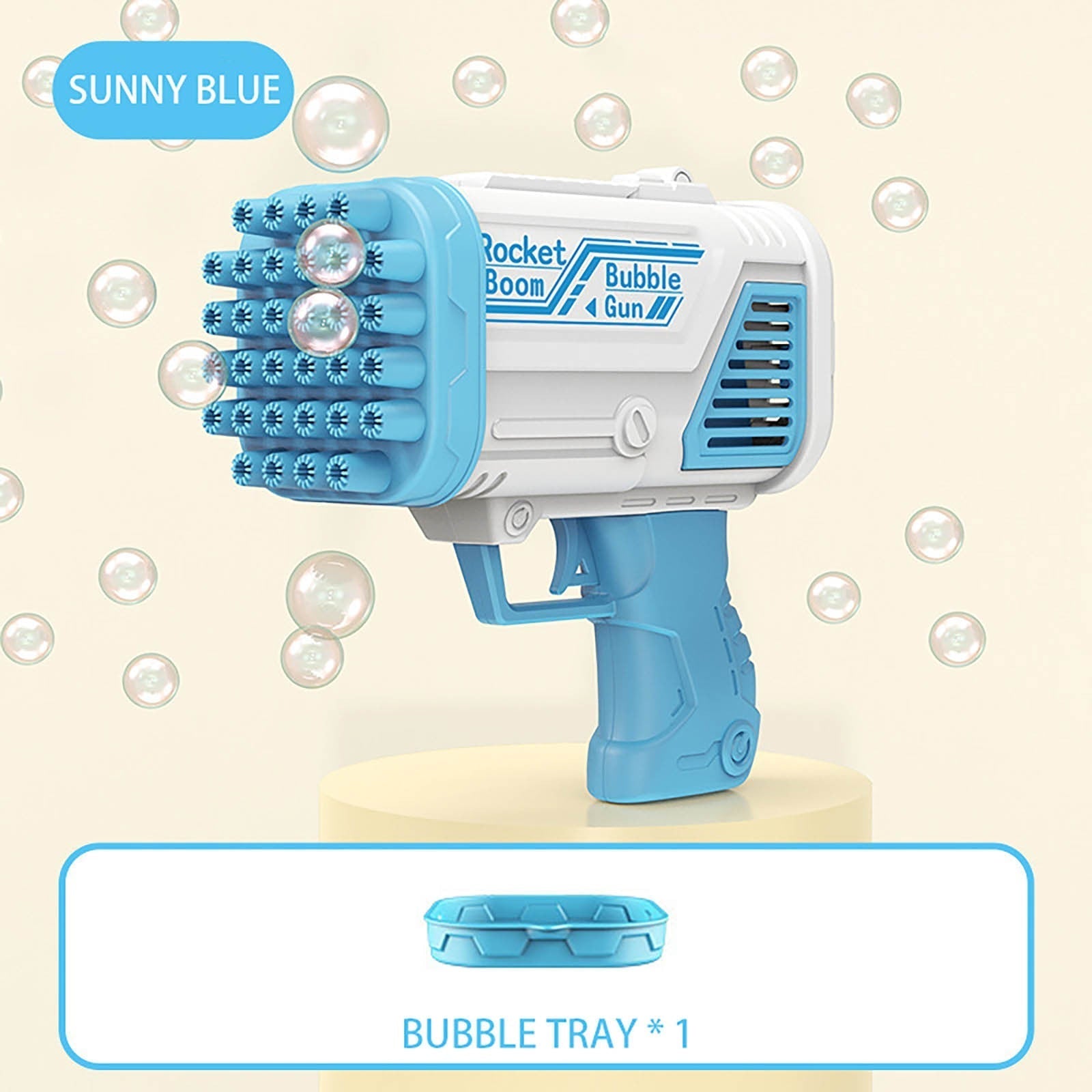Pistola sparabolle blu e bianca con design futuristico, 64 fori, su sfondo beige con bolle. Giocattolo per bambini, divertimento all'aperto.