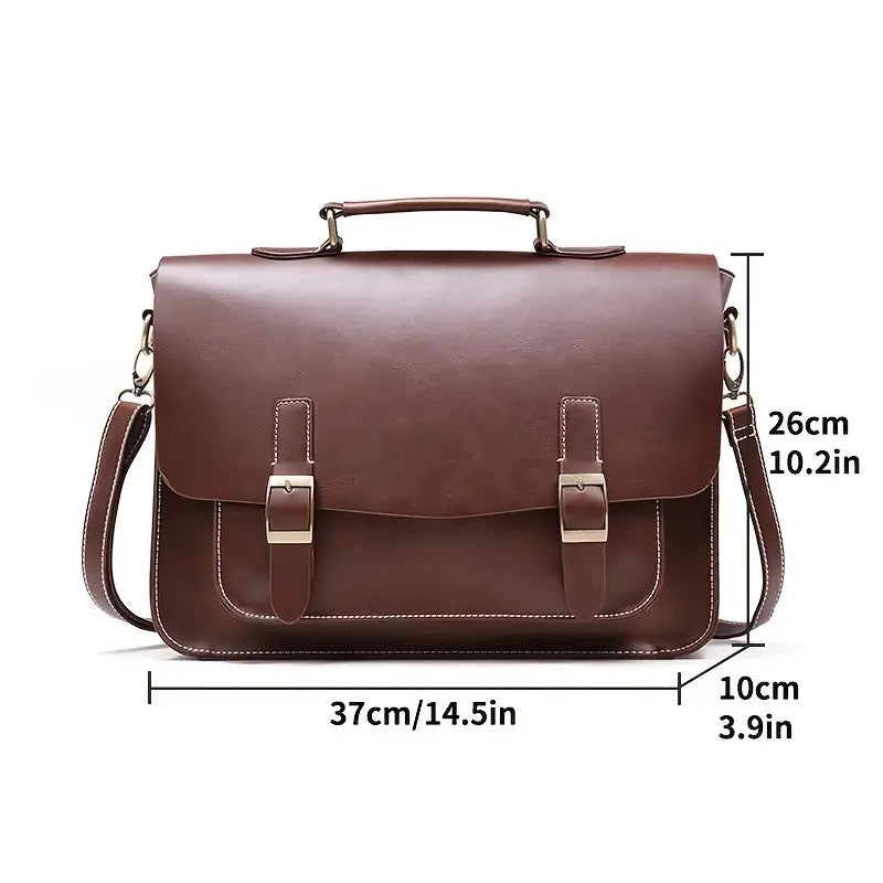 Borsa a tracolla in pelle marrone, dimensioni 37x26x10 cm, con fibbie e manico superiore. Elegante e spaziosa, ideale per lavoro e ufficio.