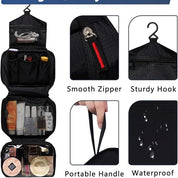 Organizzatore da viaggio nero impermeabile con gancio robusto, cerniera liscia e manico portatile. Ideale per cosmetici e articoli da toeletta.