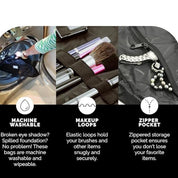 Borsa trucco lavabile in lavatrice con tasca con cerniera e passanti elastici per pennelli. Ideale per organizzare e proteggere accessori cosmetici.