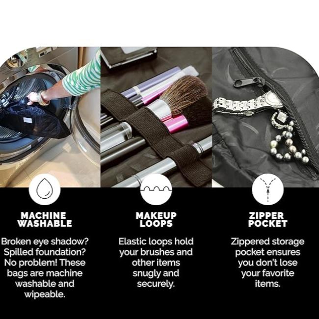 Borsa trucco lavabile in lavatrice con tasca con cerniera e passanti elastici per pennelli. Ideale per organizzare e proteggere accessori cosmetici.