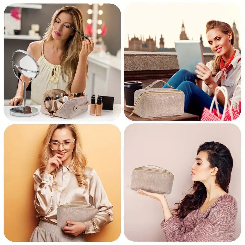 Quattro donne con beauty case dorato: trucco, lettura, riflessione, presentazione. Accessorio elegante, versatile, ideale per cosmetici e viaggi.
