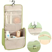 Organizzatore da viaggio verde con gancio, tasche a rete e cerniera. Ideale per cosmetici e articoli da toeletta. Portatile e pratico per viaggi.