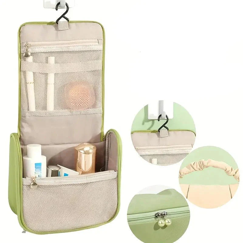 Organizzatore da viaggio verde con gancio, tasche a rete e cerniera. Ideale per cosmetici e articoli da toeletta. Portatile e pratico per viaggi.