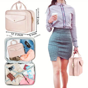 Borsa da viaggio rosa elegante, dimensioni 12.5x9x5 pollici, con tasche multiple, ideale per organizzare vestiti e accessori. Perfetta per viaggi e lavoro.