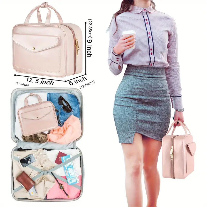 Borsa da viaggio rosa elegante, dimensioni 12.5x9x5 pollici, con tasche multiple, ideale per organizzare vestiti e accessori. Perfetta per viaggi e lavoro.