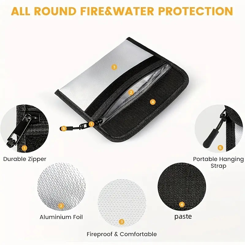 Custodia ignifuga e impermeabile con cerniera resistente, tracolla portatile, rivestimento in alluminio, ideale per protezione documenti e oggetti di valore.