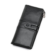Portafoglio donna in pelle nera con chiusura a bottone e cerniera laterale, design elegante e spazioso, accessorio moda essenziale.