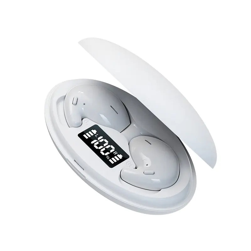Cuffie wireless bianche in custodia di ricarica con display LED digitale, design moderno, accessori audio portatili, tecnologia Bluetooth avanzata.