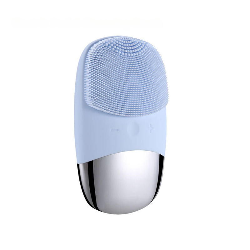 Dispositivo di pulizia viso in silicone blu, spazzola elettrica per esfoliazione e massaggio, impermeabile, ricaricabile, cura della pelle.