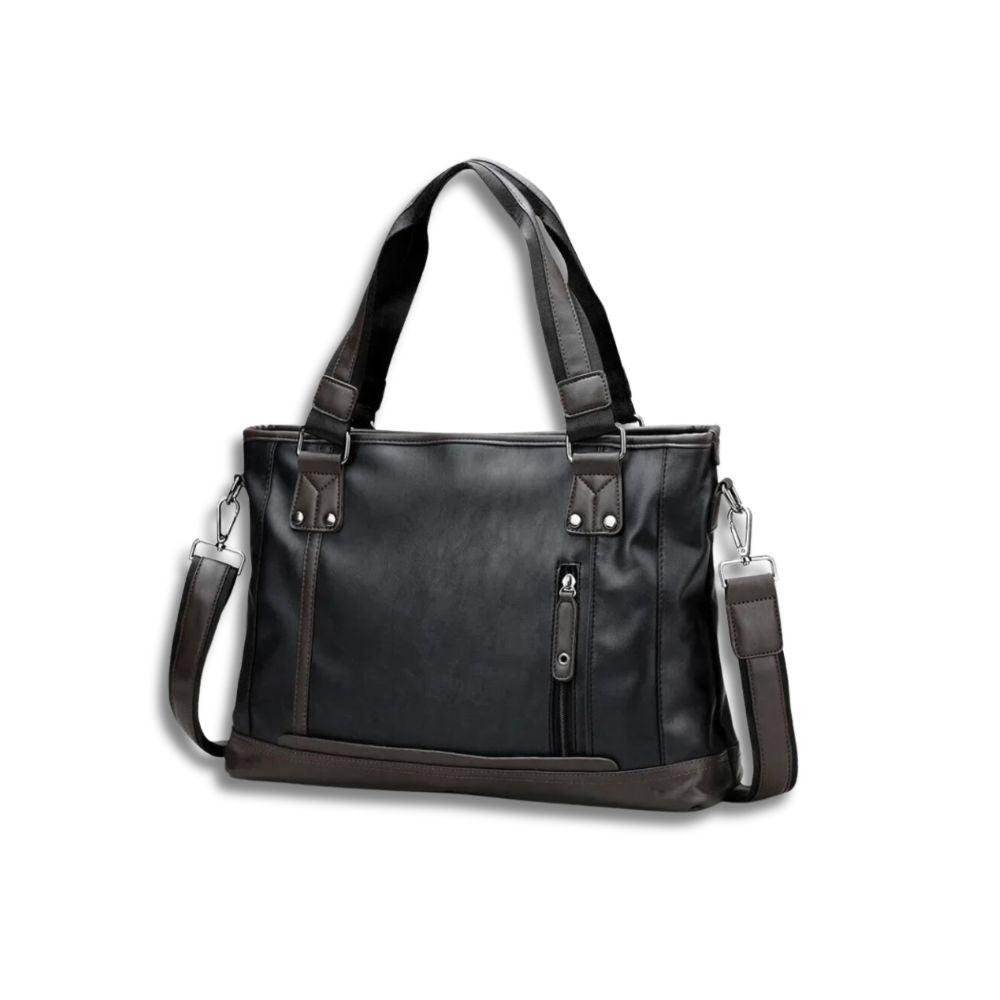 Borsa a tracolla in pelle nera, design elegante, con manici e tasca frontale con zip. Accessorio moda donna, ideale per lavoro e tempo libero.