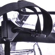 Zaino trasparente in PVC con cinghie nere regolabili e fibbia robusta. Ideale per scuola, lavoro, eventi sportivi. Resistente e pratico.