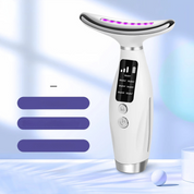 Dispositivo massaggio viso LED, bianco, con schermo digitale e pulsanti, per cura della pelle, anti-età, lifting, terapia luce, bellezza.