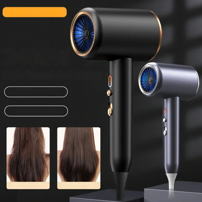 Asciugacapelli professionale nero e grigio con design moderno, pulsanti dorati, tecnologia ionica. Immagini prima e dopo di capelli lisci.