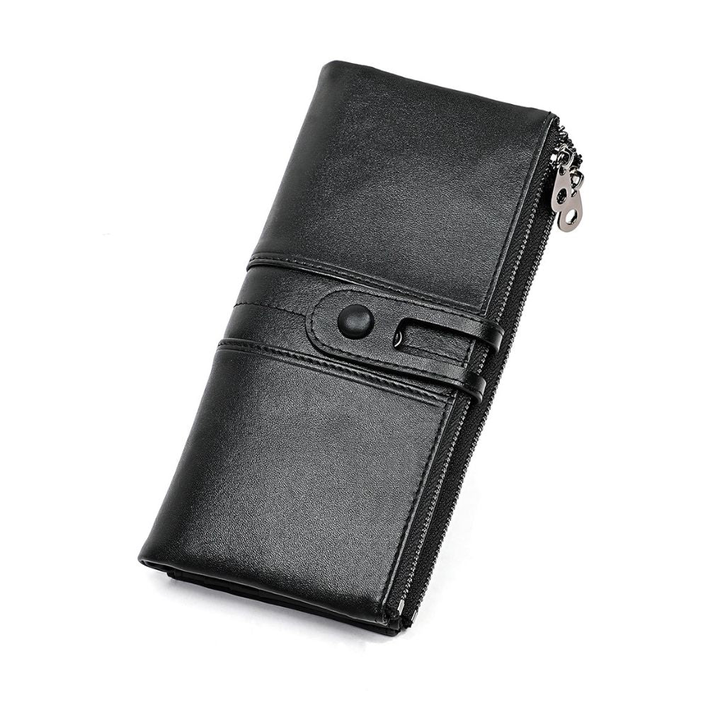 Portafoglio donna in pelle nera con chiusura a bottone e cerniera, design elegante e spazioso, accessorio moda essenziale.