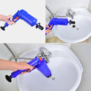 Pompa sturalavandini manuale blu in plastica, utilizzata per sbloccare scarichi di lavandini. Strumento efficace per la pulizia domestica.