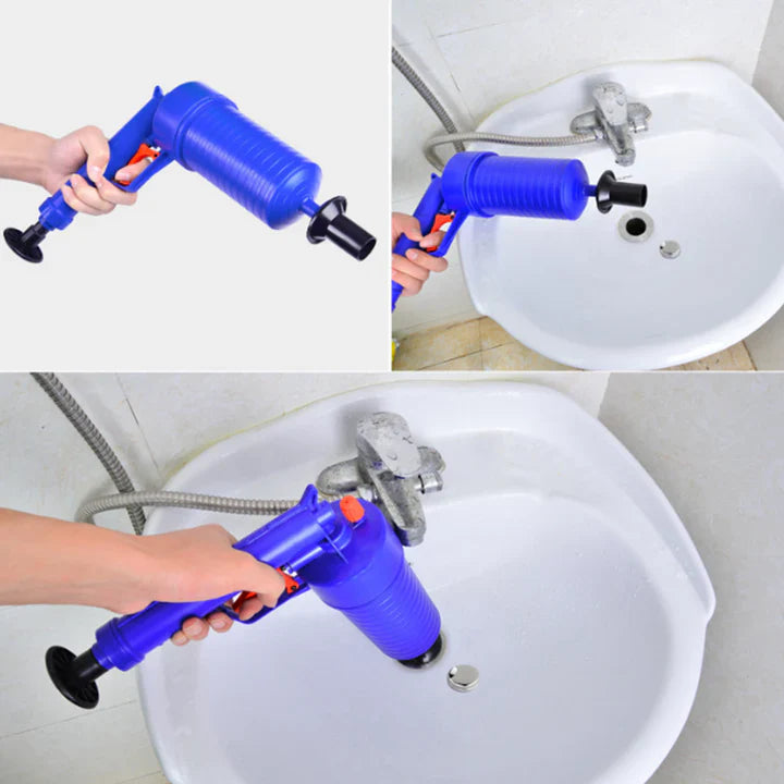 Pompa sturalavandini manuale blu in plastica, utilizzata per sbloccare scarichi di lavandini. Strumento efficace per la pulizia domestica.