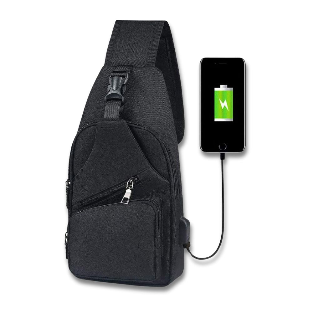 Zaino monospalla nero con porta USB integrata, ideale per ricarica smartphone. Design compatto, tasche multiple, perfetto per viaggi e uso quotidiano.