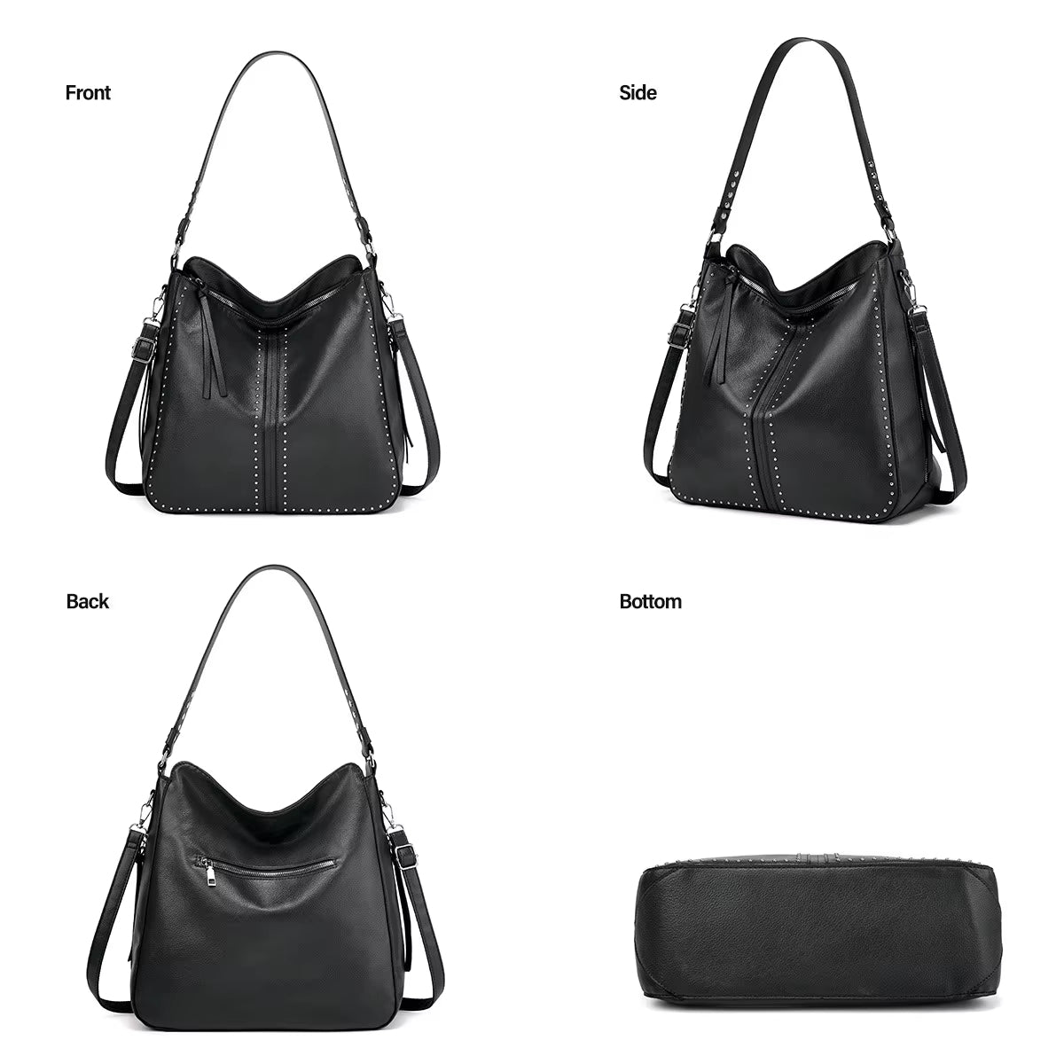 Borsa a tracolla in pelle nera, vista frontale, laterale, posteriore e inferiore. Design elegante con dettagli metallici, ideale per moda femminile.