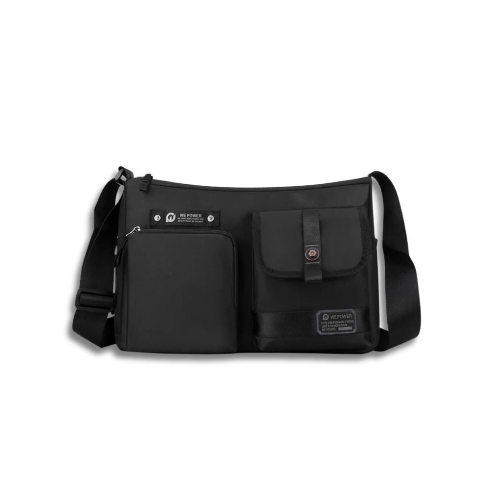Marsupio nero multifunzione con tasche multiple, tracolla regolabile, design moderno. Ideale per viaggi, escursioni, uso quotidiano.