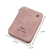 Portafoglio da viaggio rosa Pieru con cerniera, logo aereo, dimensioni 15x10.8x2.7 cm, ideale per documenti e carte, accessorio viaggio elegante.