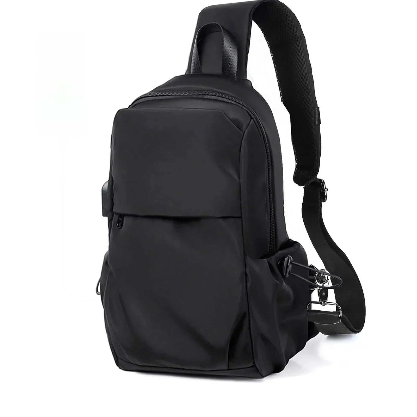Zaino monospalla nero impermeabile, design moderno, tasche multiple, ideale per viaggi, escursioni, uso quotidiano. Materiale resistente e leggero.
