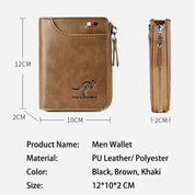 Portafoglio uomo in pelle PU marrone con zip, logo canguro, dimensioni 12x10x2 cm. Disponibile in nero, marrone, kaki. Materiale: pelle sintetica/poliestere.