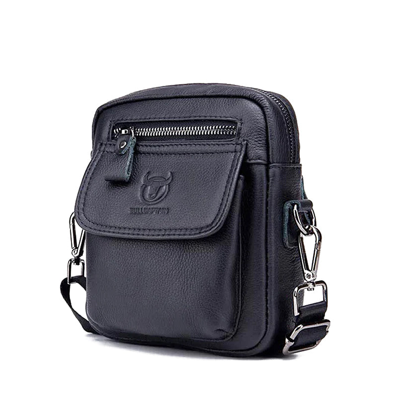 Borsa a tracolla in pelle nera da uomo, design compatto con tasca frontale e zip, ideale per viaggi e uso quotidiano. Accessorio moda elegante.