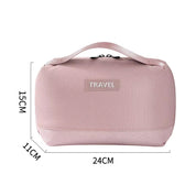 Borsa da viaggio rosa, dimensioni 24x15x11 cm, con manico superiore e chiusura a zip. Ideale per organizzare accessori da viaggio.