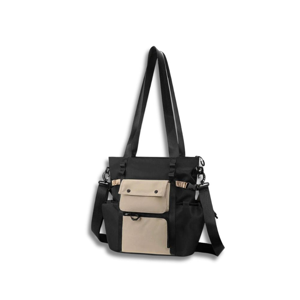 Borsa a tracolla nera e beige con tasche multiple, design moderno, ideale per uomo e donna. Perfetta per lavoro e viaggio. Accessorio moda unisex.