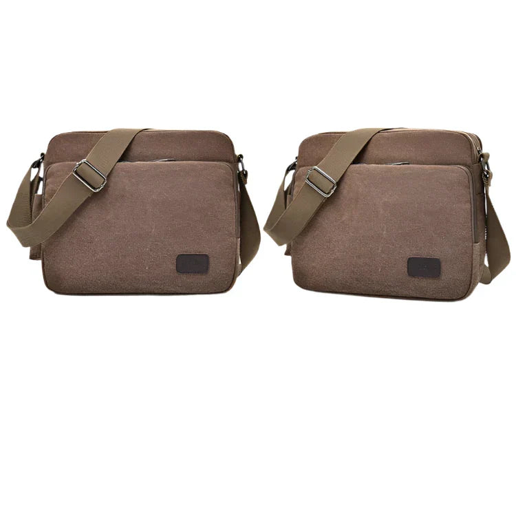 Due borse a tracolla in tela marrone con cinghie regolabili, tasche frontali con cerniera, ideali per uomo e donna, stile casual e resistente.