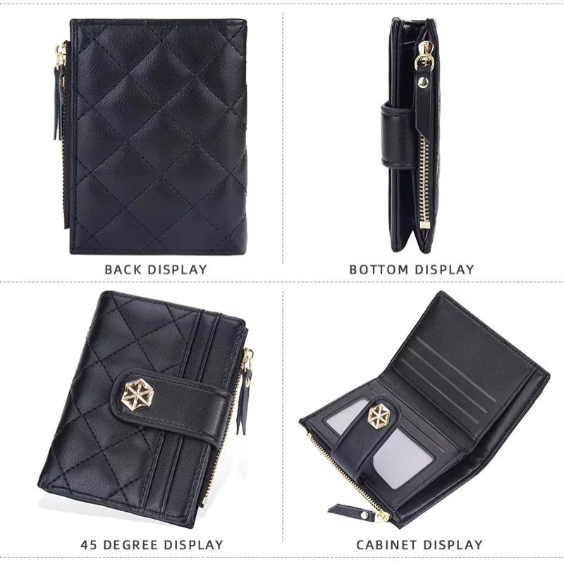 Portafoglio in pelle nera con motivo trapuntato, chiusura a zip dorata, scomparti per carte e monete. Design elegante e funzionale per uomo e donna.